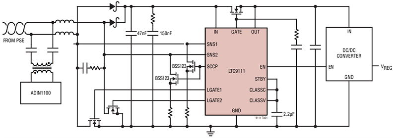 應用電路圖 - Analog Devices Inc. LTC9111工業SPoE受電裝置控制器